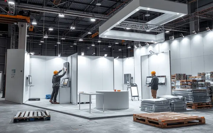 展位搭建现场，工人正在安装预制构件和灯具