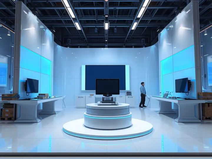 展台3D效果图，中央旋转展示台，大屏背景，互动体验区布局清晰