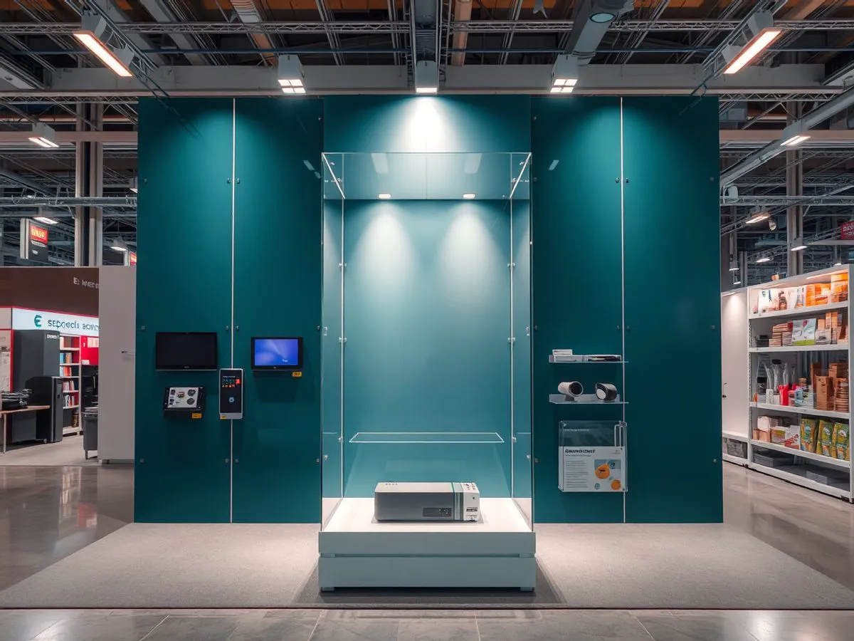 9平米小型展位设计效果图，展示垂直展示墙和中央透明展柜