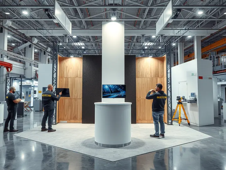 展位搭建现场，工人正在安装垂直展示墙