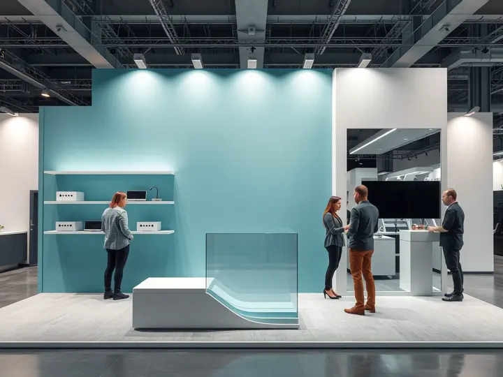 9平米展位3D效果图，展示垂直展示墙和中央展柜