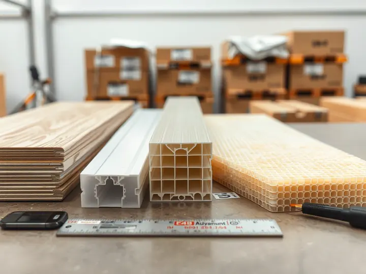 搭建材料样品特写：木质、金属、亚克力和蜂窝板