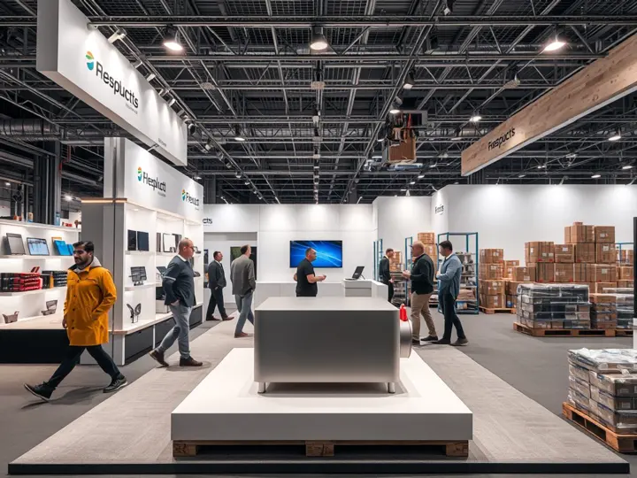 搭建完成的标准展位，灯光与陈列展示效果