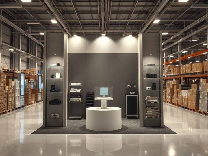 搭建完成的小型展位，产品陈列整齐，灯光效果突出